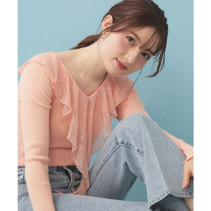 オレンジ(065) | レースフリルVネックリブニット【洗濯機OK/坑ピル】 | index