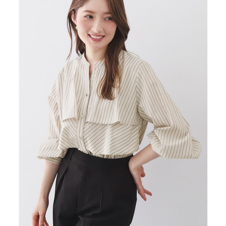 グレージュ(350) | フリルキーネックシャツ【洗濯機OK イージーアイロン 防シワ】《XS～LL | index