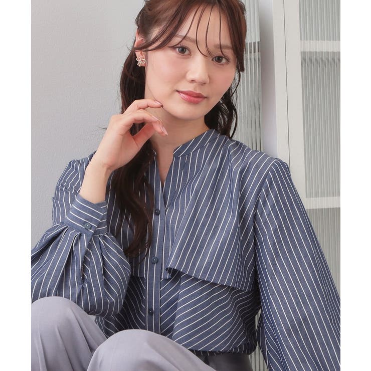 ネイビー(894) | フリルキーネックシャツ【洗濯機OK イージーアイロン 防シワ】《XS～LL | index