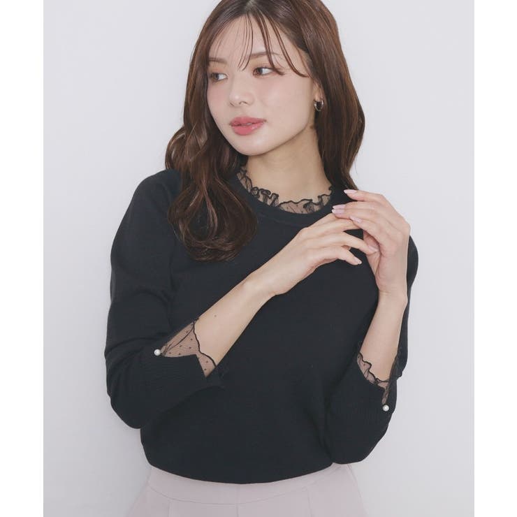 ブラック(019) | ドットチュールフリルデザインニット【洗濯機OK】 | index