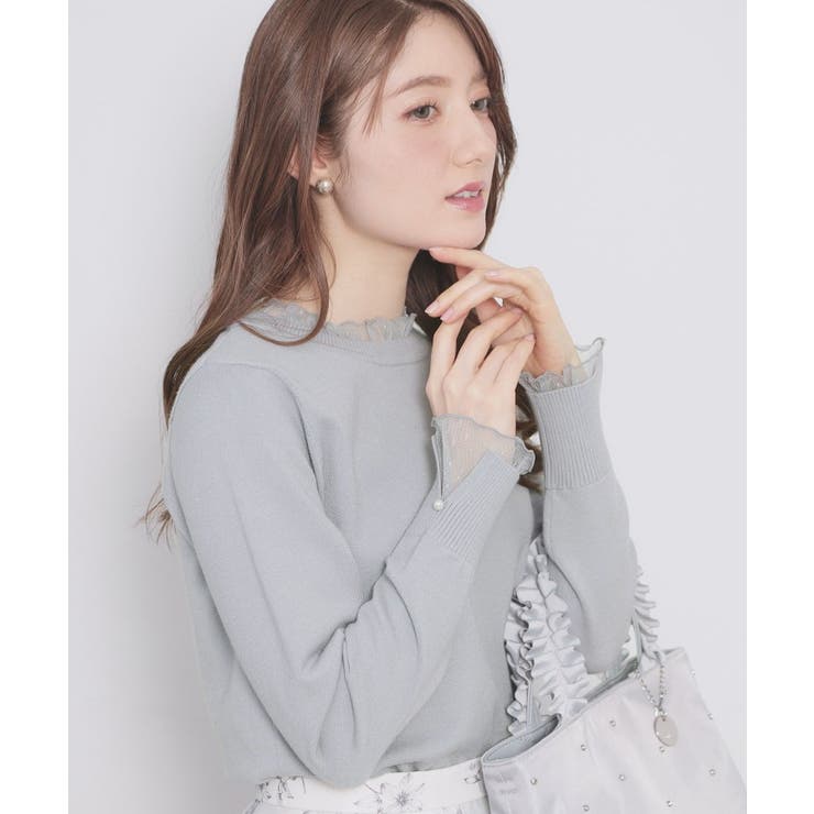 サックスブルー(090) | ドットチュールフリルデザインニット【洗濯機OK】 | index