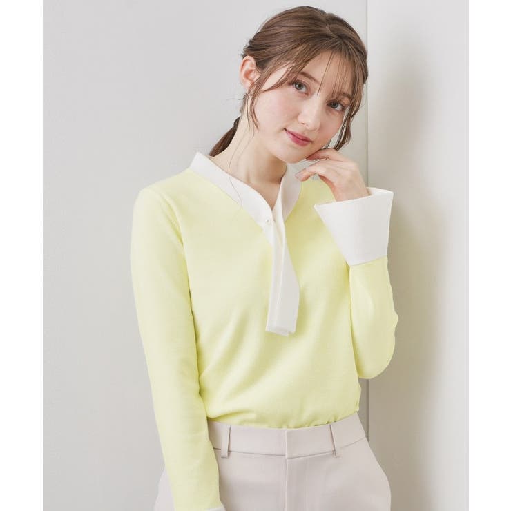 ライトイエロー(530) | バイカラーボウタイパール調ニット【洗濯機OK】 | index