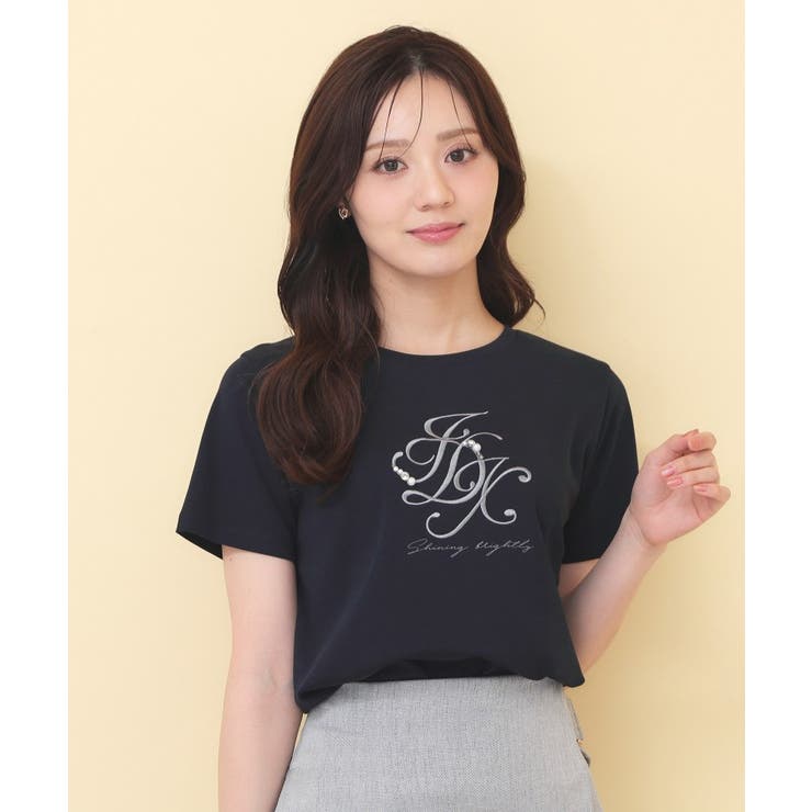 ネイビー(094) | 【接触冷感】ビッグロゴ刺繍ビジュー付きTシャツ《洗濯機OK／UVケア》 | index