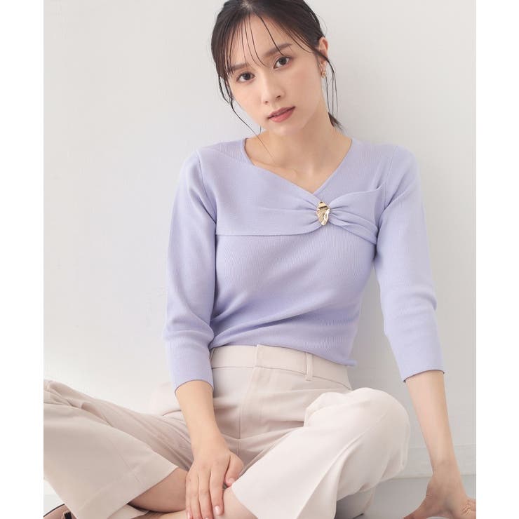 ラベンダー(080) | ブローチ風ゴールドパーツ付きアシメニット【洗濯機OK/坑ピル】 | index