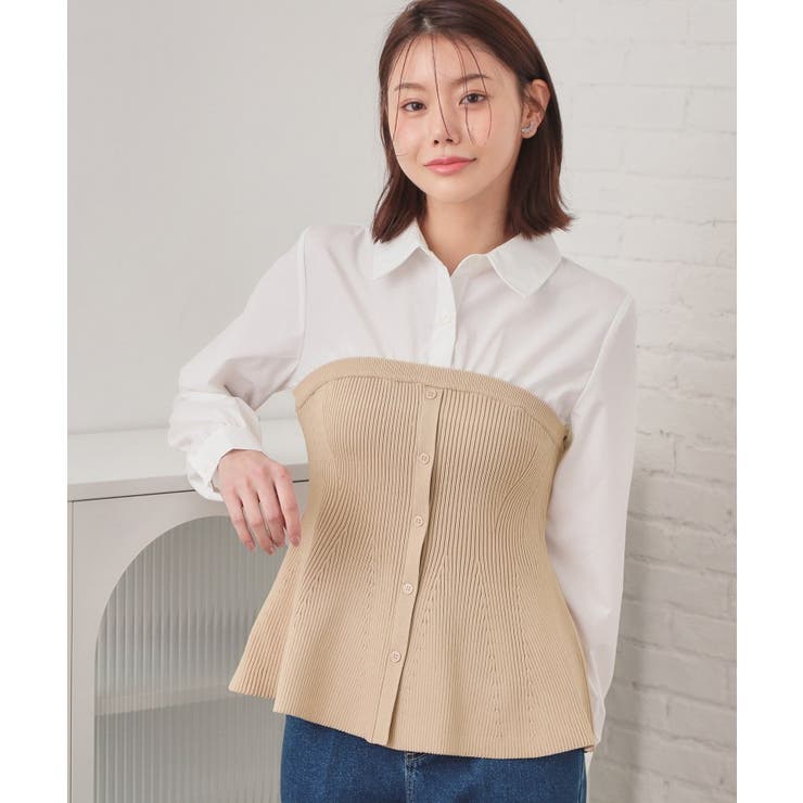 ライトベージュ(551) | シャツドッキングペプラムニット【洗濯機OK】 | index