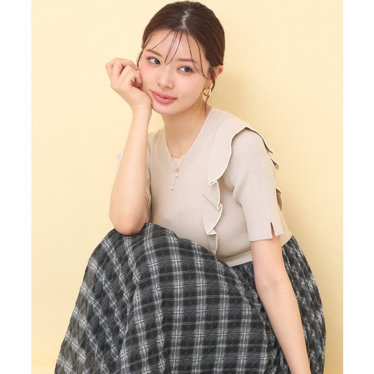 グレージュ(050) | チェックプリーツドッキングニットワンピース【洗濯機OK】 | index