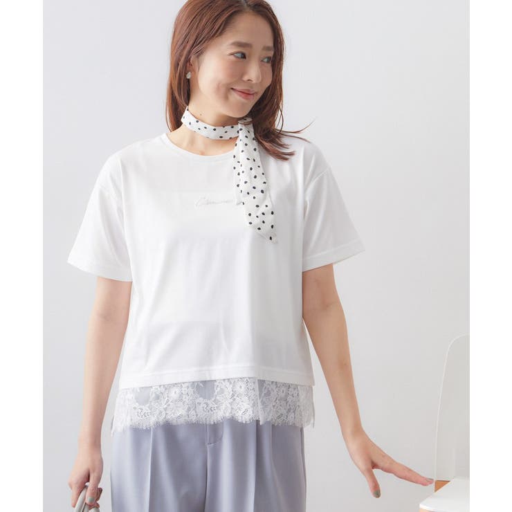 オフホワイト(003) | 【接触冷感／UV】刺繍ロゴ裾レースTシャツ《洗濯機OK》 | index
