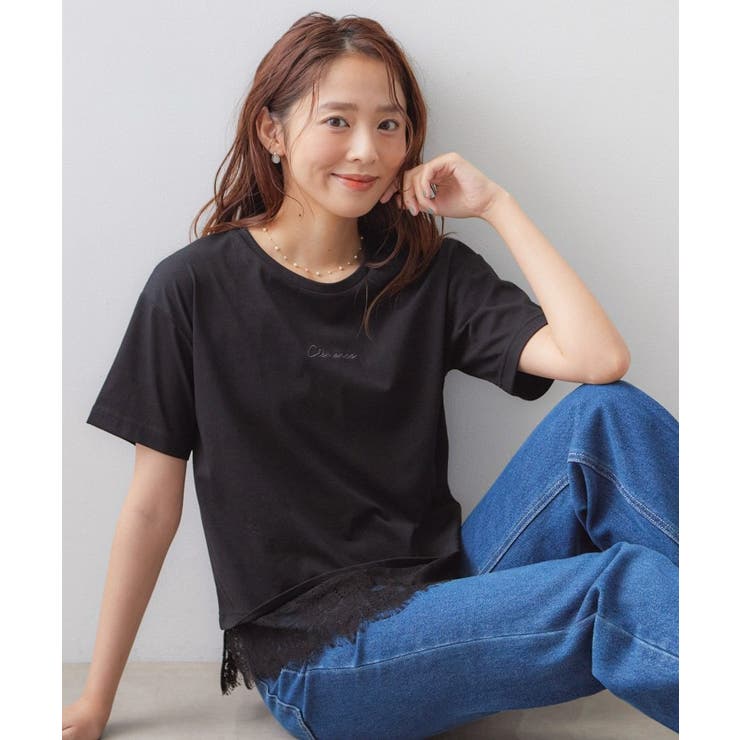 ブラック(019) | 【接触冷感／UV】刺繍ロゴ裾レースTシャツ《洗濯機OK》 | index
