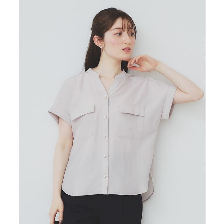 グレージュ(050) | ダブルポケットスキッパーブラウス【洗濯機洗い可/イージーアイロン】 | index