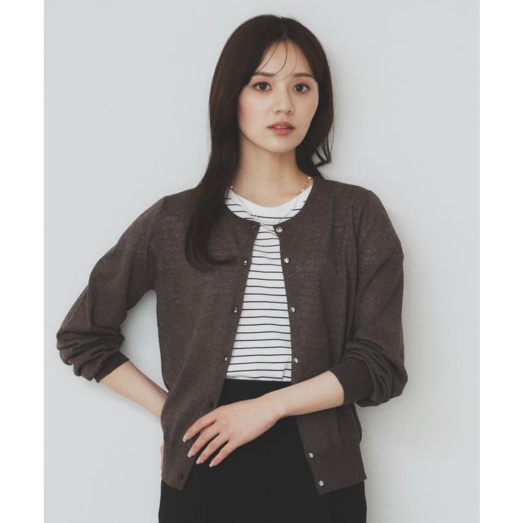 ブラウン(844) | 《7色展開 XS LLサイズ》ビジューボタンクルーネックカーディガン【洗濯機洗い… | index