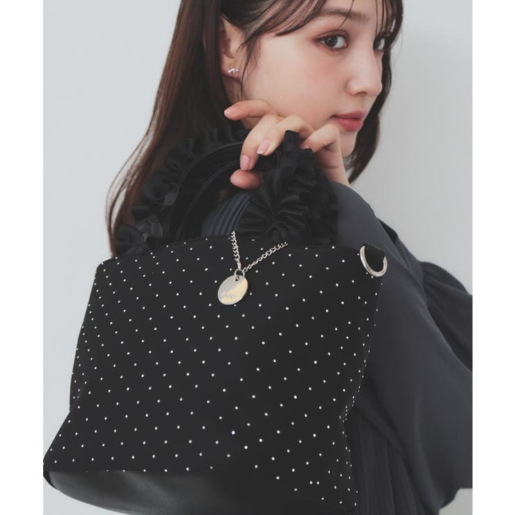 ブラック(019) | 【2WAY】ラインストーン持ち手フリルバッグ | index