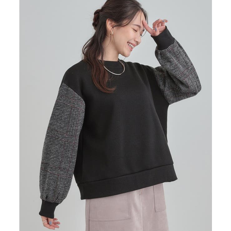 ブラック(019) | 【あったか】裏起毛袖チェックトップス | SHOO・LA・RUE