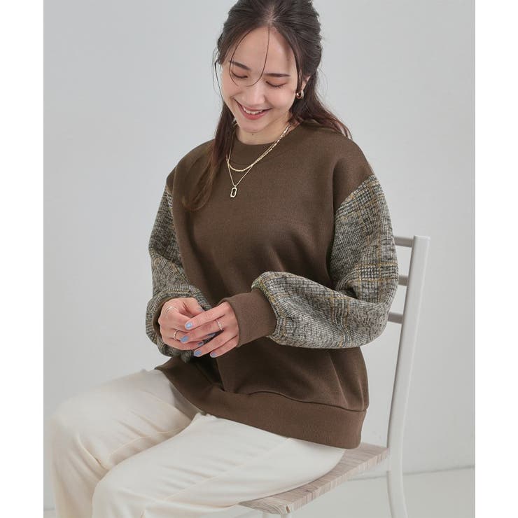 ブラウン(043) | 【あったか】裏起毛袖チェックトップス | SHOO・LA・RUE