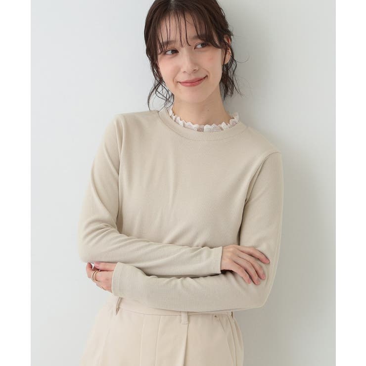 ライトベージュ(051) | 【S-LL】衿レースハイネックリブトップス | SHOO・LA・RUE
