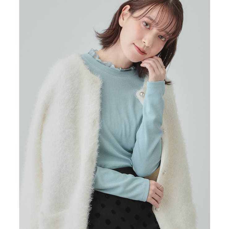 ブルー(091) | 【S-LL】衿レースハイネックリブトップス | SHOO・LA・RUE