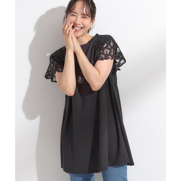 チャコールグレー(014) | 【S-LL】上品華やか お袖レースチュニックトップス | SHOO・LA・RUE