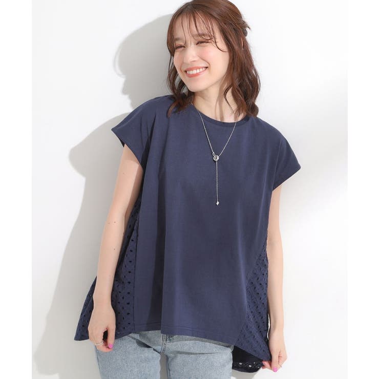 ネイビー(094) | 【S-LL/体型カバー】インせずサマ見え レースドッキングトップス | SHOO・LA・RUE