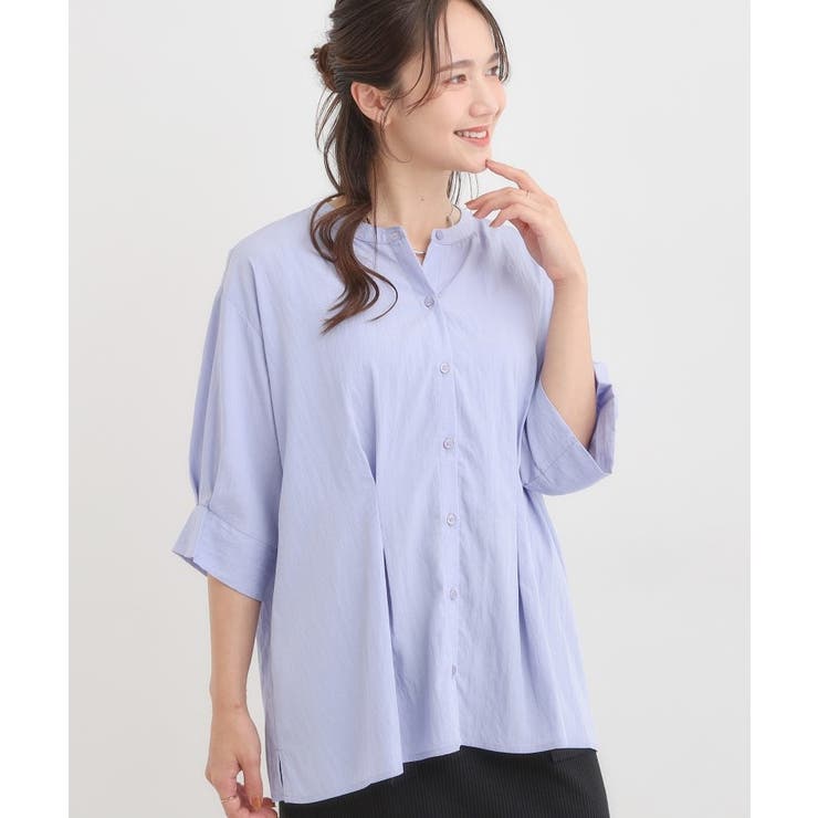 ブルー(092) | 【S-LL/ひんやり】ウエストタックで程よくシェイプ 大人の上品ブラウス | SHOO・LA・RUE