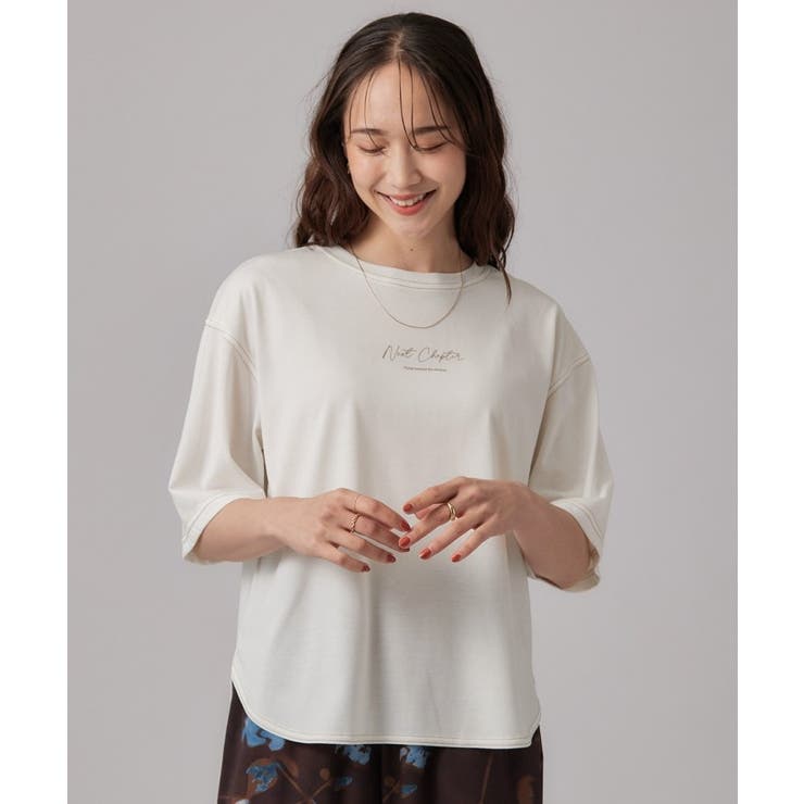 【S-LL/体型カバー】インせず着られる 配色ステッチ 5分袖ロゴTシャツ | SHOO・LA・RUE | 詳細画像9 