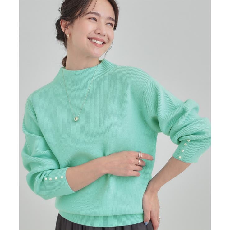 ミントグリーン(021) | 【洗濯機可/毛玉になりにくい】お袖パールで上品な ハイネックニット | SHOO・LA・RUE