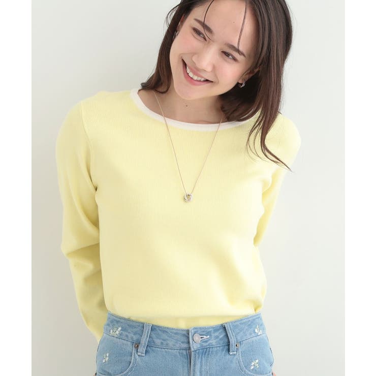 ライトイエロー(530) | 【洗濯機可/S-LL/アンサンブル可】すっきりと好印象 配色クルーネックニット | SHOO・LA・RUE