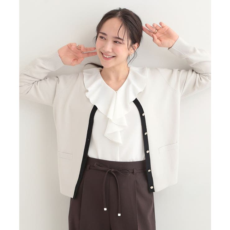 【洗濯機可/S-LL/アンサンブル可】パールボタンが上品 配色カーディガン | SHOO・LA・RUE | 詳細画像1 