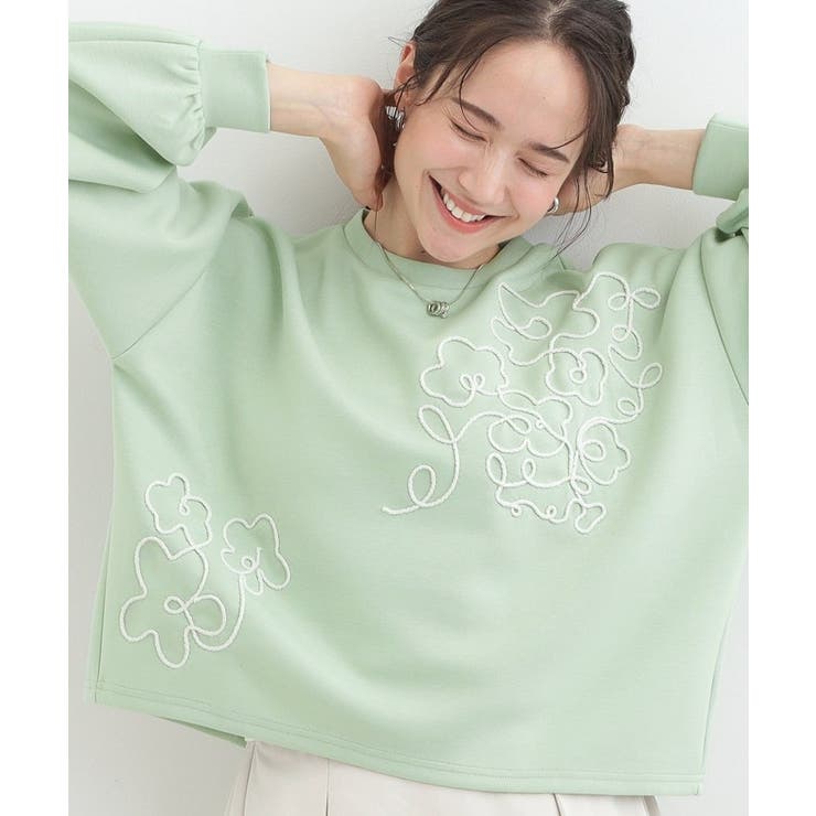 ミントグリーン(021) | 【S-LL】美しいシルエット お花ロープ刺繍ダンボールトップス | SHOO・LA・RUE
