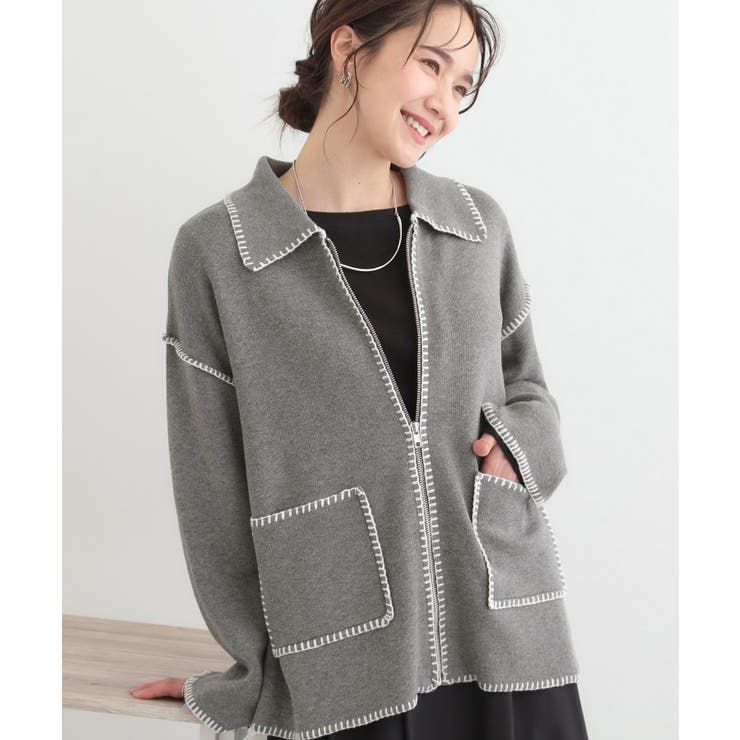 グレー(012) | ステッチ襟付きジップニットカーディガン | SHOO・LA・RUE