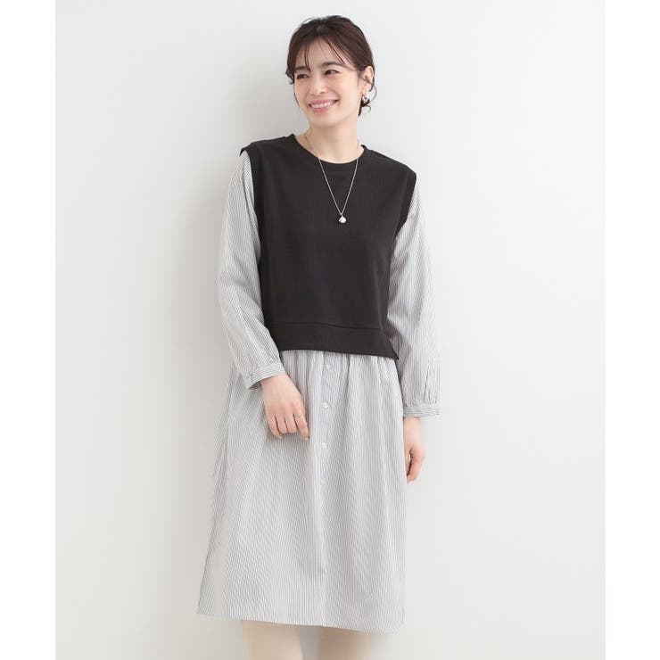 【S-LL/体型カバー】ストライプ柄ドッキングワンピース | SHOO・LA・RUE | 詳細画像1 