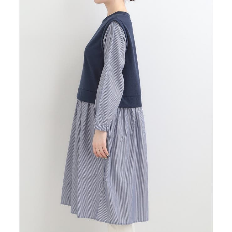 【S-LL/体型カバー】ストライプ柄ドッキングワンピース | SHOO・LA・RUE | 詳細画像14 