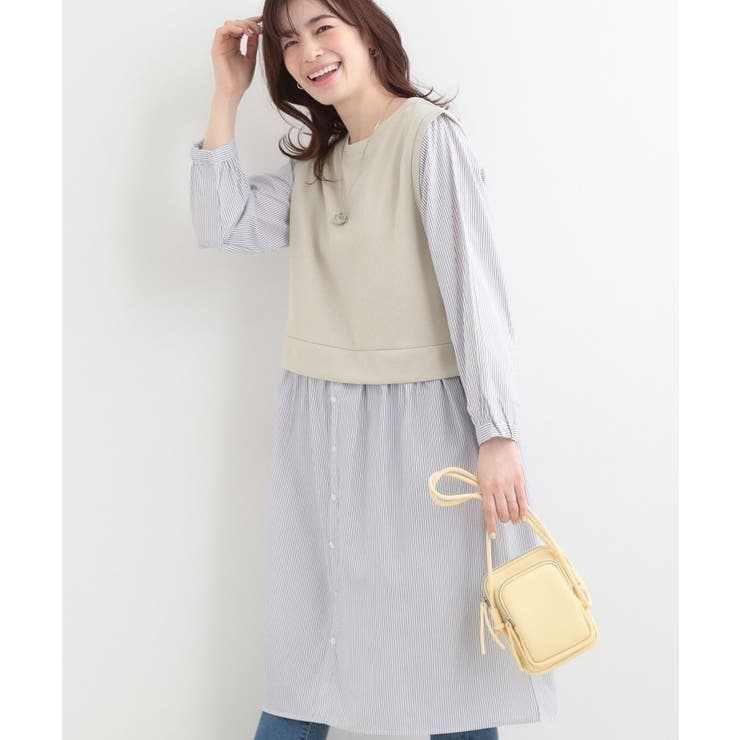 グレージュ(550) | 【S-LL/体型カバー】ストライプ柄ドッキングワンピース | SHOO・LA・RUE