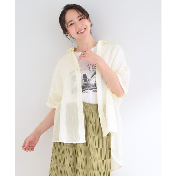 【体型カバー】柔らかな透け感 ヒップがすっぽり隠れる 5分袖シャツ | SHOO・LA・RUE | 詳細画像1 