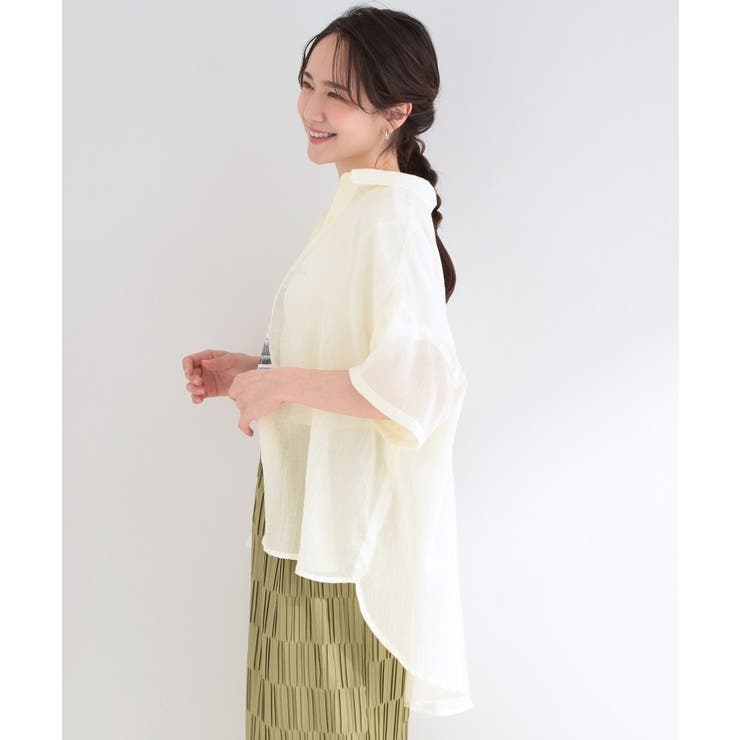 【体型カバー】柔らかな透け感 ヒップがすっぽり隠れる 5分袖シャツ | SHOO・LA・RUE | 詳細画像2 