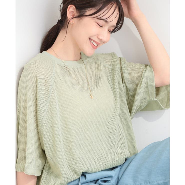 ミントグリーン(021) | 【S-LL】シアーワッフル ラグラン5分袖ゆるTシャツ | SHOO・LA・RUE