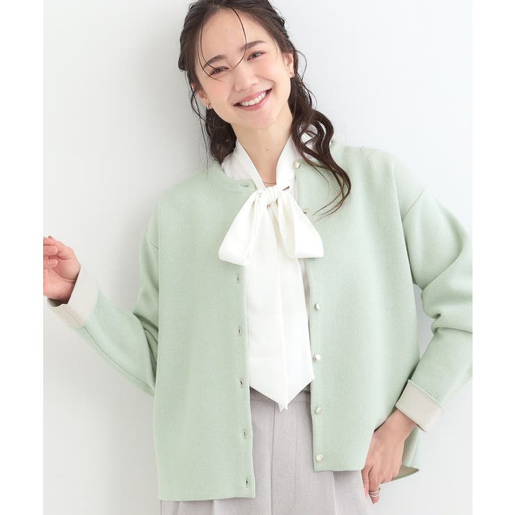 ライトグリーン(020) | 【洗濯機可/S-LL】明るい春カラー 品良くきまる 配色カーディガン | SHOO・LA・RUE