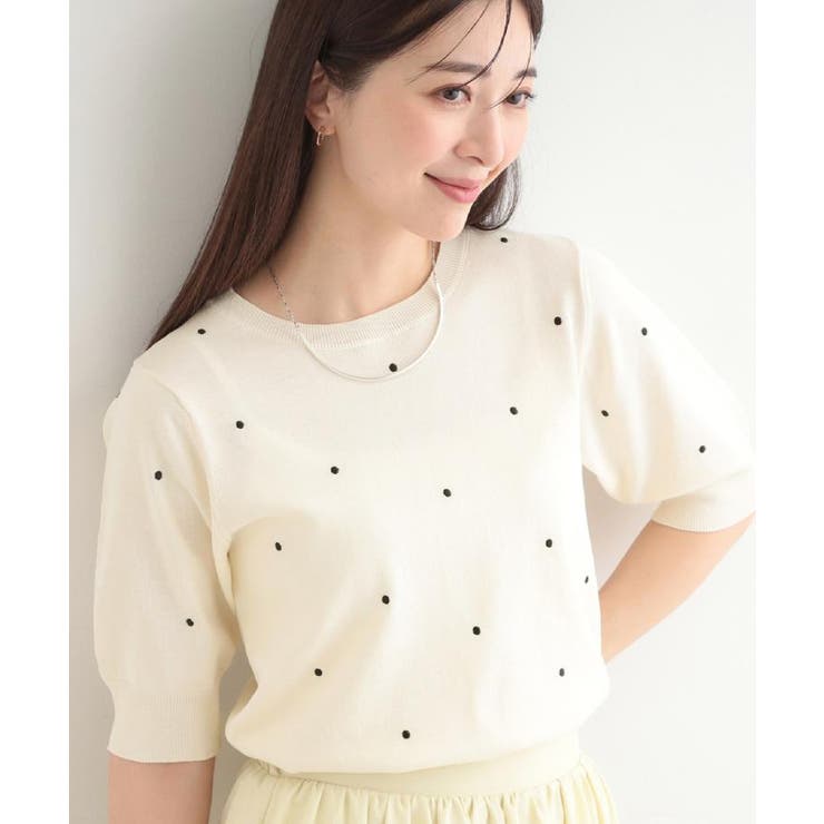 オフホワイト(003) | 【S-LL/二の腕カバー】品よく隠せる ドット刺繍5分袖ニット | SHOO・LA・RUE