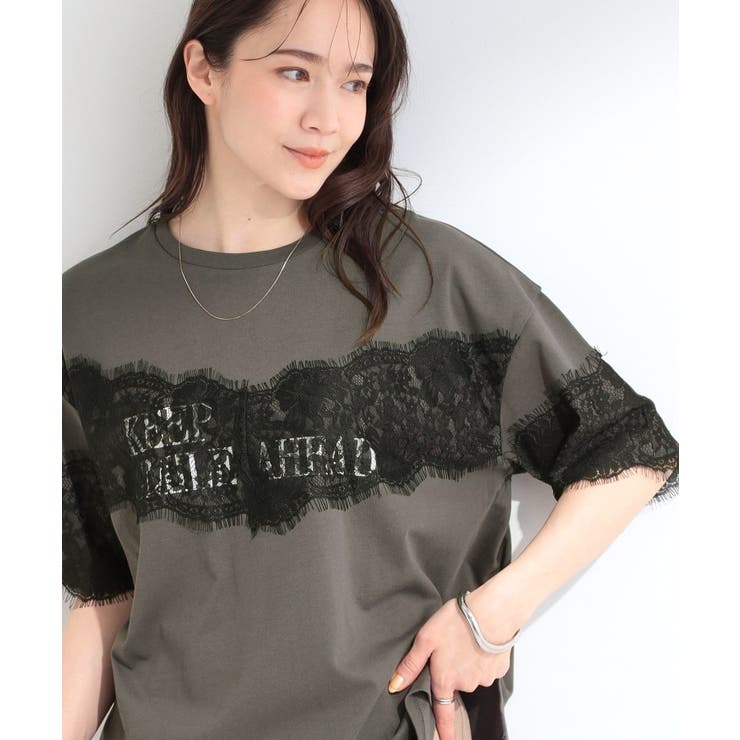 チャコールグレー(014) | 【ひんやり/洗濯機可】レースデザインでこなれ見え ロゴプリントTシャツ | SHOO・LA・RUE