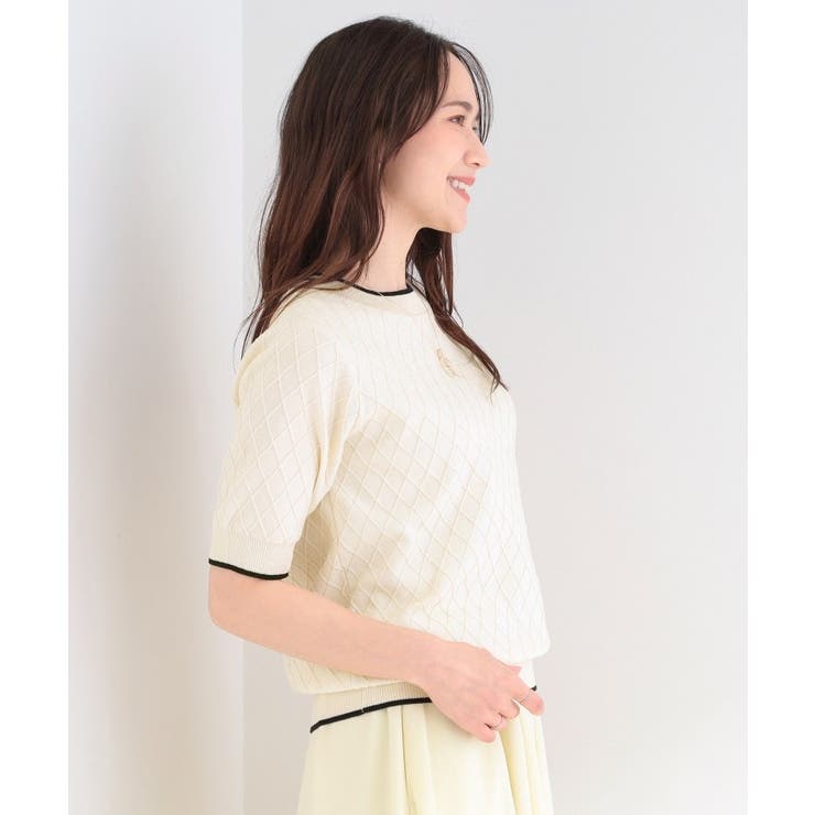 【洗濯機可/S-LL】大人上品なダイヤ編み柄 配色半袖ニット | SHOO・LA・RUE | 詳細画像2 