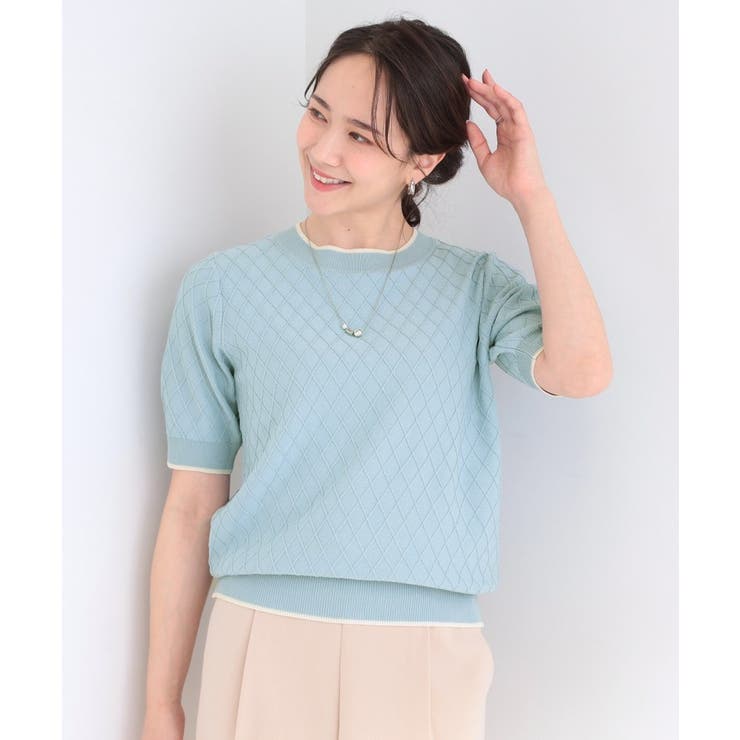 【洗濯機可/S-LL】大人上品なダイヤ編み柄 配色半袖ニット | SHOO・LA・RUE | 詳細画像9 