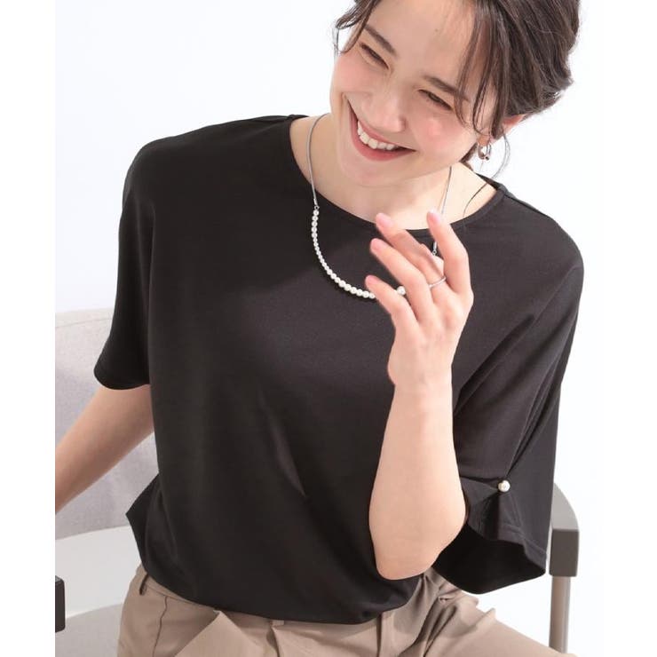 ブラック(019) | 【洗濯機可/S-LL】フェイクパールがアクセント お袖タックドルマンブラウス | SHOO・LA・RUE