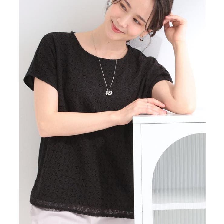 ブラック(019) | 【ひんやり/UV/S-LL】1枚で華やか 前後切り替えレースTシャツ | SHOO・LA・RUE