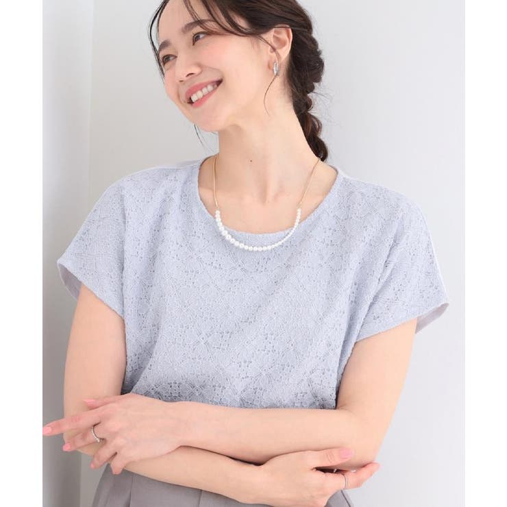 ブルー(091) | 【ひんやり/UV/S-LL】1枚で華やか 前後切り替えレースTシャツ | SHOO・LA・RUE