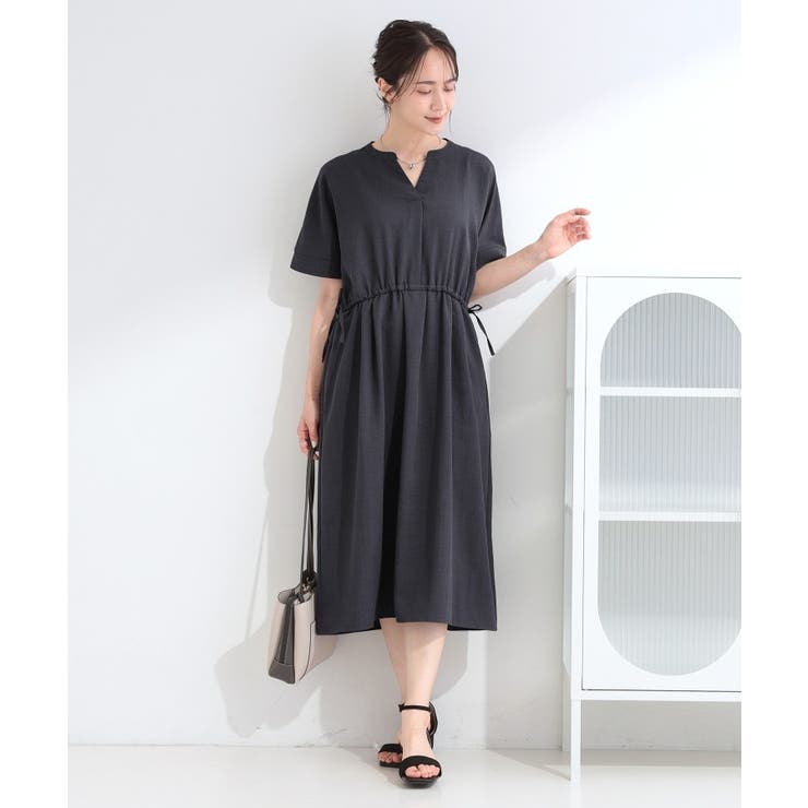 【洗濯機可/S-LL】これだけで決まる 麻調スキッパー脇リボンワンピース | SHOO・LA・RUE | 詳細画像3 