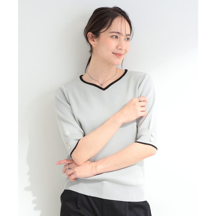 【S-LL/洗濯機可】バイカラーが目を引く 5分袖ハートネックニット | SHOO・LA・RUE | 詳細画像1 