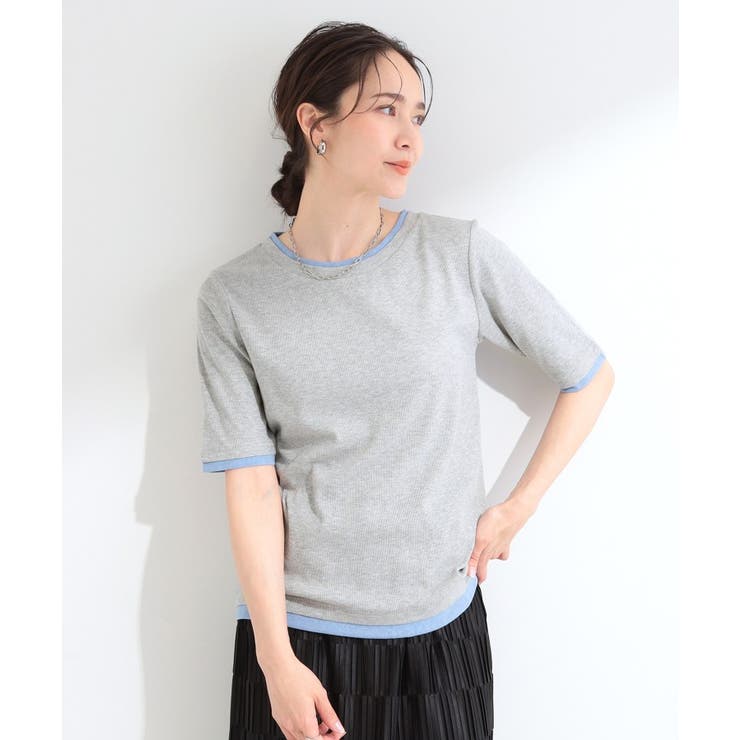【S-LL/洗濯機可】二の腕隠れる 配色レイヤード風 5分袖Tシャツ | SHOO・LA・RUE | 詳細画像1 