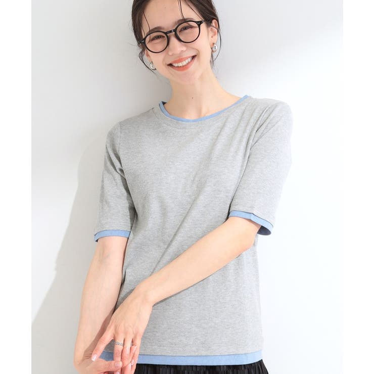 グレー(512) | 【S-LL/洗濯機可】二の腕隠れる 配色レイヤード風 5分袖Tシャツ | SHOO・LA・RUE
