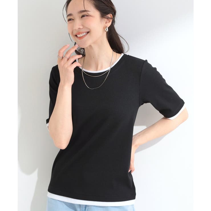 ブラック(519) | 【S-LL/洗濯機可】二の腕隠れる 配色レイヤード風 5分袖Tシャツ | SHOO・LA・RUE
