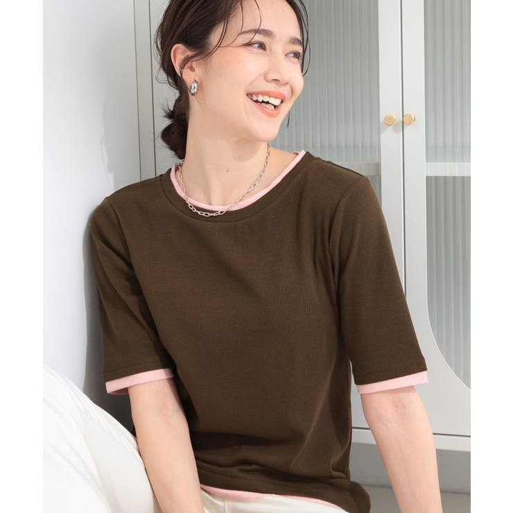 ブラウン(544) | 【S-LL/洗濯機可】二の腕隠れる 配色レイヤード風 5分袖Tシャツ | SHOO・LA・RUE
