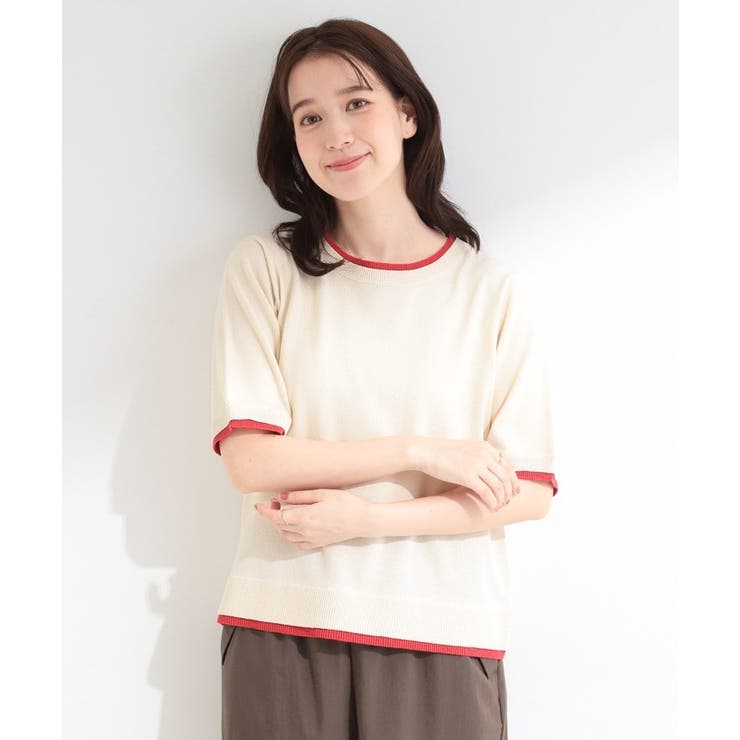【二の腕隠れる/コットン混】配色使いで差がつく 洗える五分袖ニット | SHOO・LA・RUE | 詳細画像1 