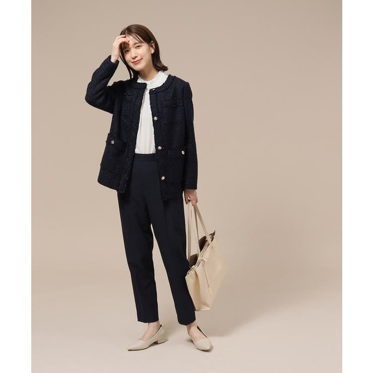 新品タグ付き♡MAXMARA ツイードベロア ノーカラージャケット ミドルネック ノーカラー 金釦ツイード ミドルジャケット[品番：WRDW0172692